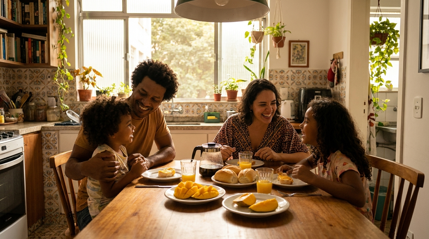 Família brasileira feliz tomando café da manhã juntos