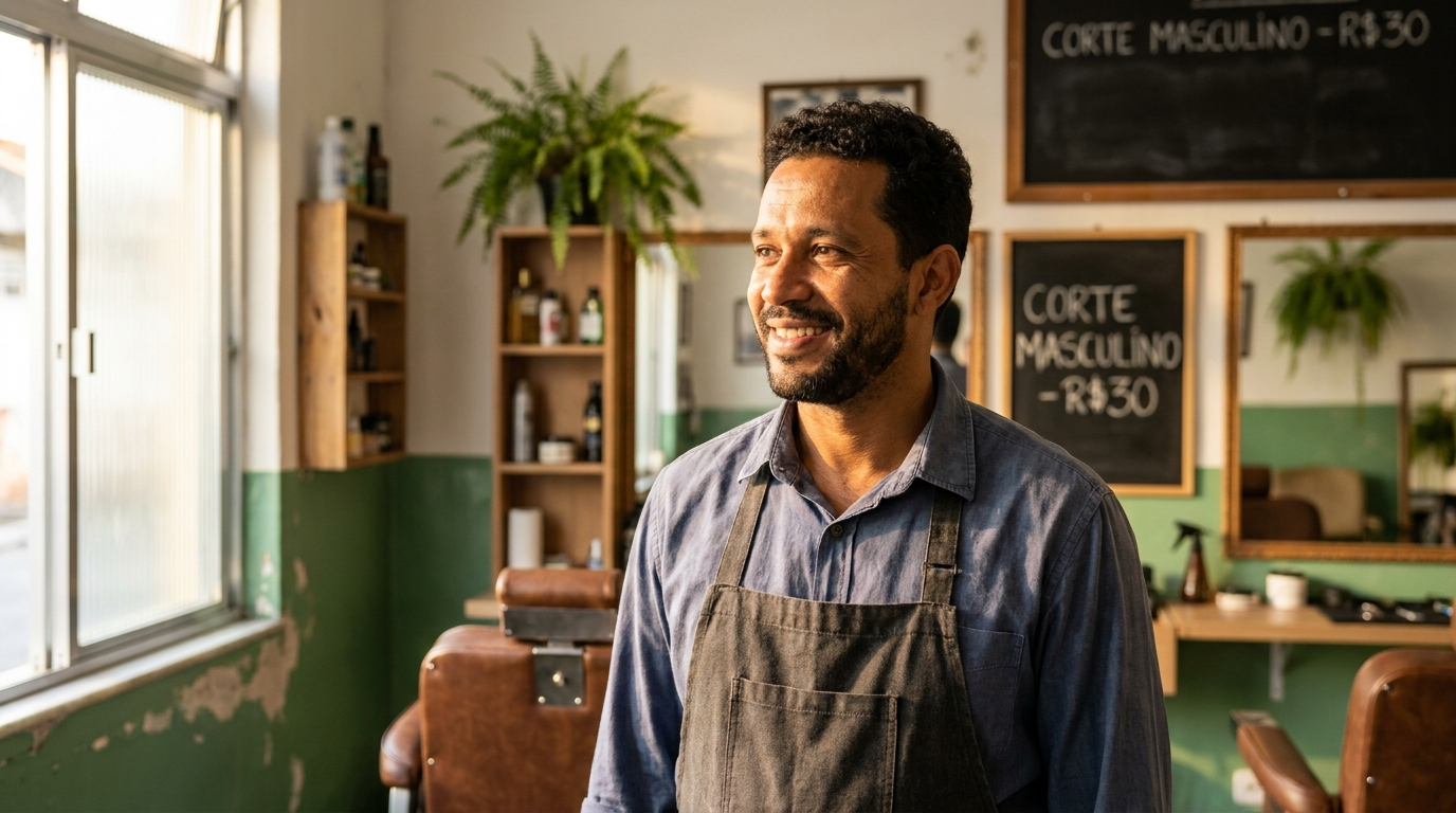 Empreendedor brasileiro sorrindo na sua barbearia