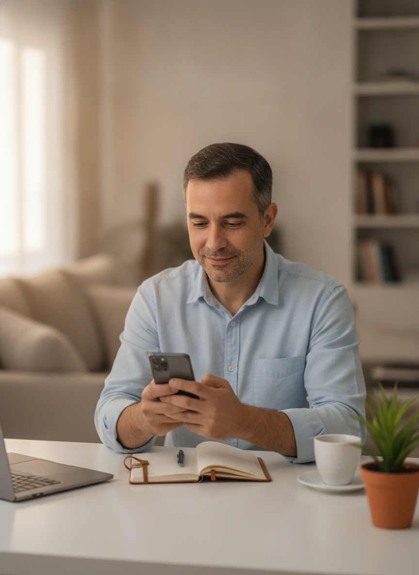Pessoa resolvendo o plano de saúde pelo celular com a Mia